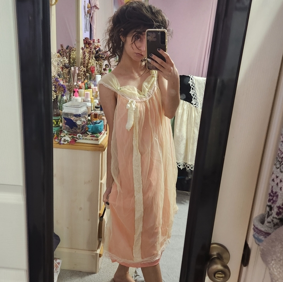 Vintage Other - Vintage 1950's Rosebuds & Lace Layered Sheer Mesh Tulle Lingerie Slip Tank Dress